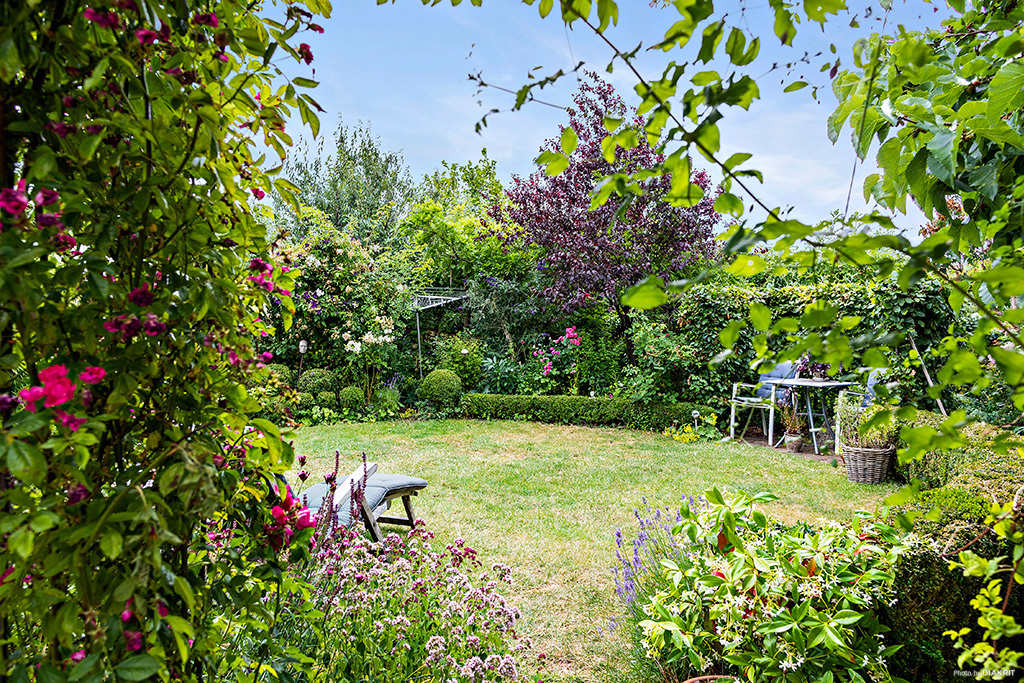 Trädgården är en lummig oas med en blandning av blommor, gröna buskar och träd Trädgården är en lummig oas med en blandning av blommor, gröna buskar och träd