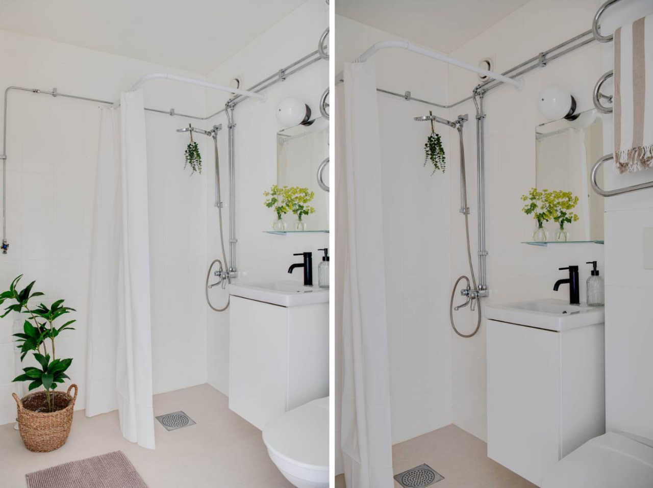 Badrum med microcement och plats för tvättmaskin Badrum med microcement och plats för tvättmaskin